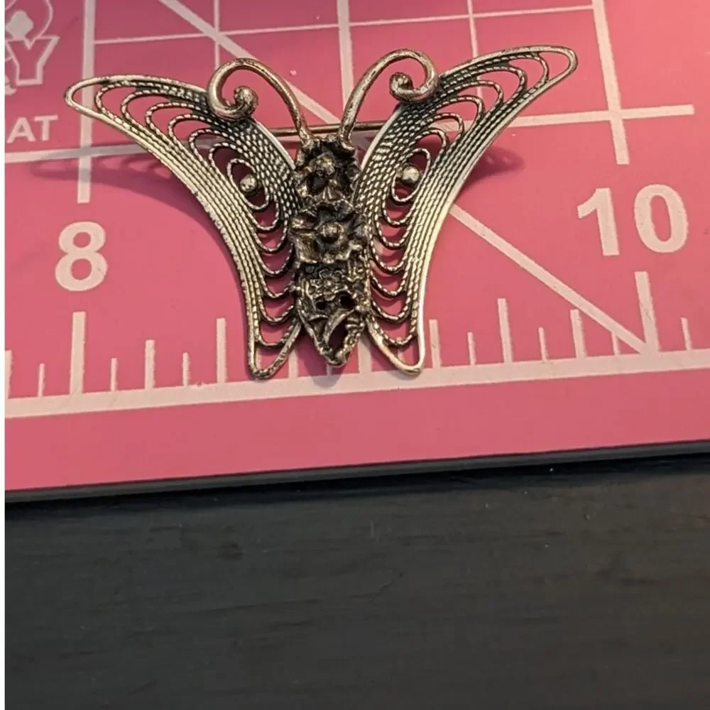 Beaucraft Vintage Sterling Silver Flower Filigree Butterfly Brooch